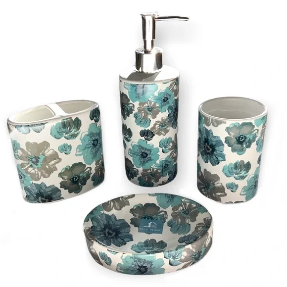Floral Bath Accessory Ceramic Set Sun Splash Collection White Blue 4 Piece Set - Picture 1 of 9